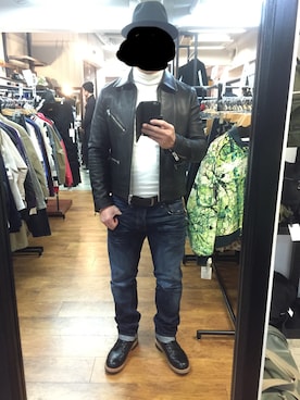 「ワークブーツ」｜「アイテム（ライダースジャケット）」を使った、O.Hさん（メンズ・173cm）の冬コーディネート