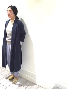 「ADAM ET ROPE'（アダムエロペ）のボタニカルダイ片畦プルオーバー（ニット/セーター）」を使った、FUJIMOTOさん（レディース・155cm）の冬コーディネート