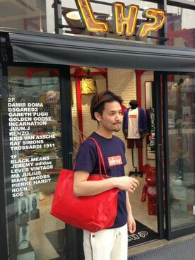 「L.H.P（エルエイチピー）のアイテム（トートバッグ）」を使った、LHP大阪店 嶋村さん（メンズ・175cm）の春コーディネート