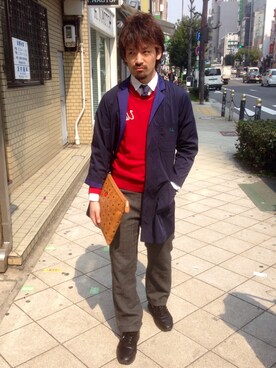 「L.H.P（エルエイチピー）のアイテム（ステンカラーコート）」を使った、LHP大阪店 嶋村さん（メンズ・175cm）の春コーディネート
