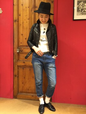 「Rouge vif（ルージュヴィフ）のアイテム（ライダースジャケット）」を使った、スーシーさん（レディース・170cm）の冬コーディネート