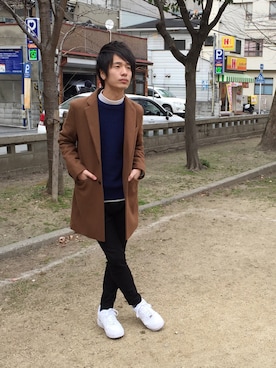 「ブルーニット」｜「アイテム（チェスターコート）」を使った、shunさん（メンズ・176cm）の冬コーディネート