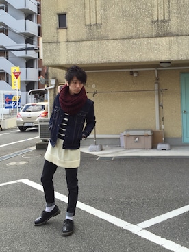 「ロングニット」｜「アイテム（デニムジャケット）」を使った、shunさん（メンズ・176cm）の冬コーディネート