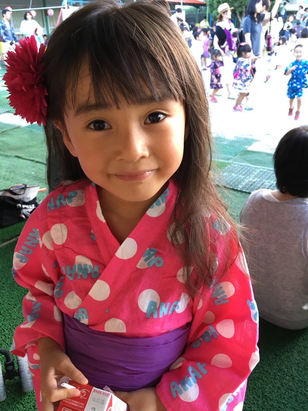 「夏コーデ、浴衣、5歳、女の子、ロングヘア」｜「ANAPのアイテム（浴衣、ピンク系）」を使った、みなむしこさん（キッズ・110cm）の夏コーディネートの1枚目の写真