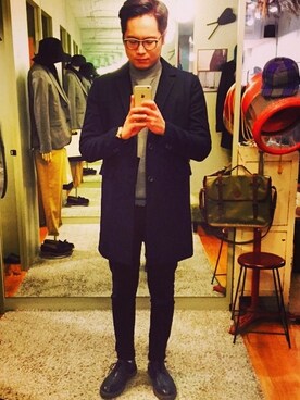 「plain-me（プレインミー）のアイテム（チェスターコート）」を使った、geraldさん（メンズ・182cm）の冬コーディネート