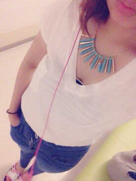 「アイテム（チューブトップ、ブルー系）」を使った、ちゃんりー。さん（レディース・152cm）の夏コーディネート