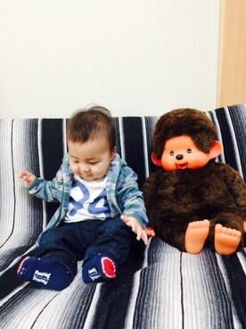 「アイテム（ママ＆ベビー、グリーン系）」を使った、のすけじゅなさん（キッズ・70cm）の秋コーディネート