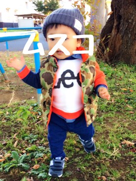 「アイテム（ダウンベスト、その他）」を使った、HARUUUNさん（キッズ・70cm）の秋コーディネート