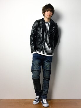 「VANQUISH（ヴァンキッシュ）のアイテム（ライダースジャケット）」を使った、住本 健一さん（メンズ・176cm）の春コーディネート