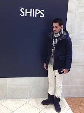 「アイテム（ブーツ、ブルー系）」を使った、遠藤さん（メンズ・175cm）の冬コーディネート
