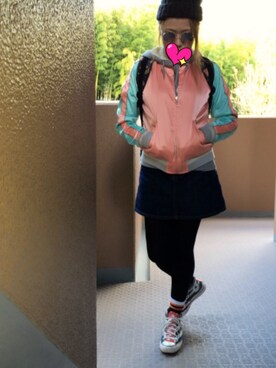 「moussy」｜「アイテム（ナイロンジャケット）」を使った、よちこさん（レディース・155cm）の秋コーディネート