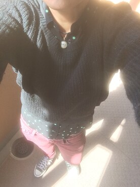 「アイテム（デニムパンツ、レッド系）」を使った、よちこさん（レディース・155cm）の秋コーディネート