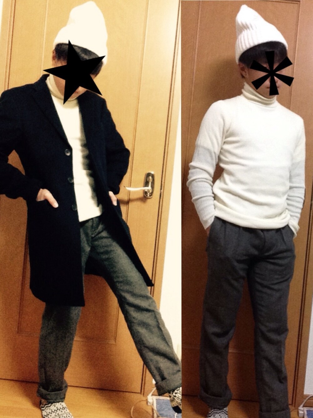 「タートルネック、白タートルネック、チェスターコート、くつした、グレーパンツ、ニット帽、モノトーン、きれいめカジュアル」｜「Right-onのアイテム（ソックス/靴下、ブラック系）」を使った、takahiroさん（メンズ・165cm）の冬コーディネートの1枚目の写真