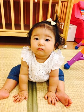 「petit main（プティマイン）の前レース切り替えTシャツ（Tシャツ/カットソー、ホワイト系）」を使った、saeeさん（キッズ）の夏コーディネート
