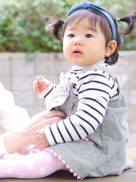 「BRANSHES（ブランシェス）のテレコボーダーTシャツ（Tシャツ/カットソー、ホワイト系）」を使った、saeeさん（キッズ）の秋コーディネート
