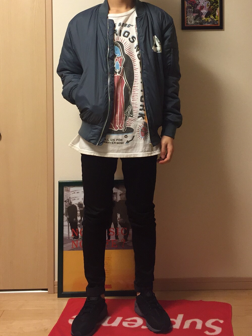 「palaceskateboards、palace、NIKE、Nike air huarache、MA-1、ootd、outfit、outfitgrid、UNIQLO」｜「PALACEのPALACESKATEBOARDS MA-1（その他アウター、その他）」を使った、Neo Okadaさん（メンズ・167cm）の冬コーディネートの1枚目の写真