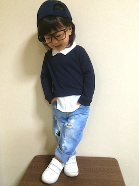 「TOMMY HILFIGER（トミーヒルフィガー）のアイテム（キャップ）」を使った、kanonさん（キッズ・80cm）の秋コーディネート