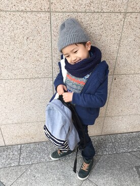 「アイテム（マウンテンパーカー、ブルー系）」を使った、sohchoさん（キッズ・110cm）の冬コーディネート