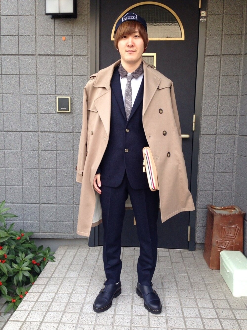 「セットアップ、カジュアル、成人式」｜「JULIEN DAVIDのCotton Flannel Cap（キャップ、ブルー系）」を使った、タカショウさん（メンズ・169cm）の冬コーディネートの1枚目の写真