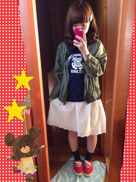「ひざ丈スカート」｜「アイテム（ブルゾン）」を使った、ChaLo9689さん（レディース・145cm）の春コーディネート