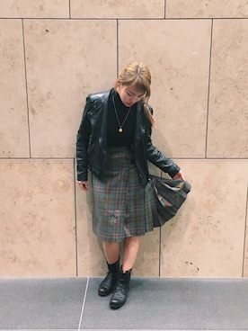 「タータンチェック」｜「アイテム（ライダースジャケット）」を使った、_miteki9815_さん（レディース・160cm）の秋コーディネート