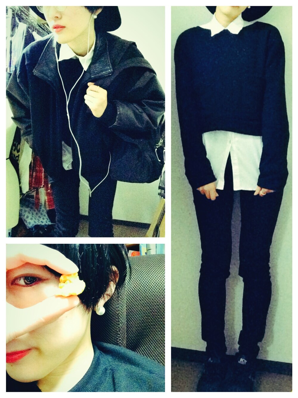 「ショートヘア、レザージャケット、ニット、handmade、黒スキニー、ハット、NIKE、BOY LONDON、丸メガネ、パールアクセ」｜「Handmadeのhandmade シュート丈ニット
（ニット/セーター、ブラック系）」を使った、Oｋａｙｕさん（レディース・172cm）の冬コーディネートの1枚目の写真