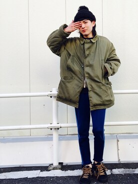「ジャージーパンツ」｜「アイテム（ニットキャップ/ビーニー）」を使った、たろさんさん（メンズ・172cm）の冬コーディネート