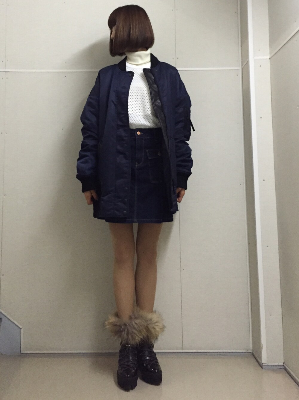 「カジュアル、休日スタイル、秋のコーデ、オトナ女子、だぼだぼ、ミニスカート、ゆるコーデ、プチプラ、秋冬、ブーツ」｜「AULA AILAのアイテム（ブルゾン、その他）」を使った、レタスさん（レディース・160cm）の秋コーディネートの1枚目の写真