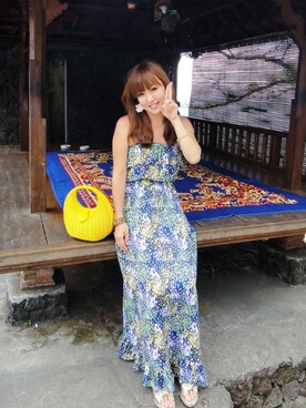 「マキシワンピ#リゾート#かごバッグ（ワンピース、グリーン系）」を使った、Yuko♡Sunさん（レディース・163cm）の夏コーディネート