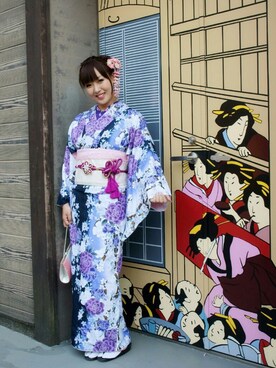 「浴衣#着物（浴衣、パープル系）」を使った、Yuko♡Sunさん（レディース・163cm）の夏コーディネート