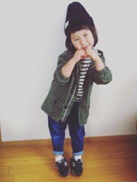「OLD NAVY（オールドネイビー）のアイテム（ブルゾン）」を使った、kinaさん（キッズ・100cm）の冬コーディネート