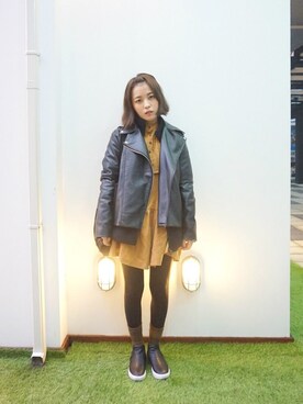 「streetsnap」｜「アイテム（ライダースジャケット）」を使った、코고꼬さん（レディース・159cm）の冬コーディネート