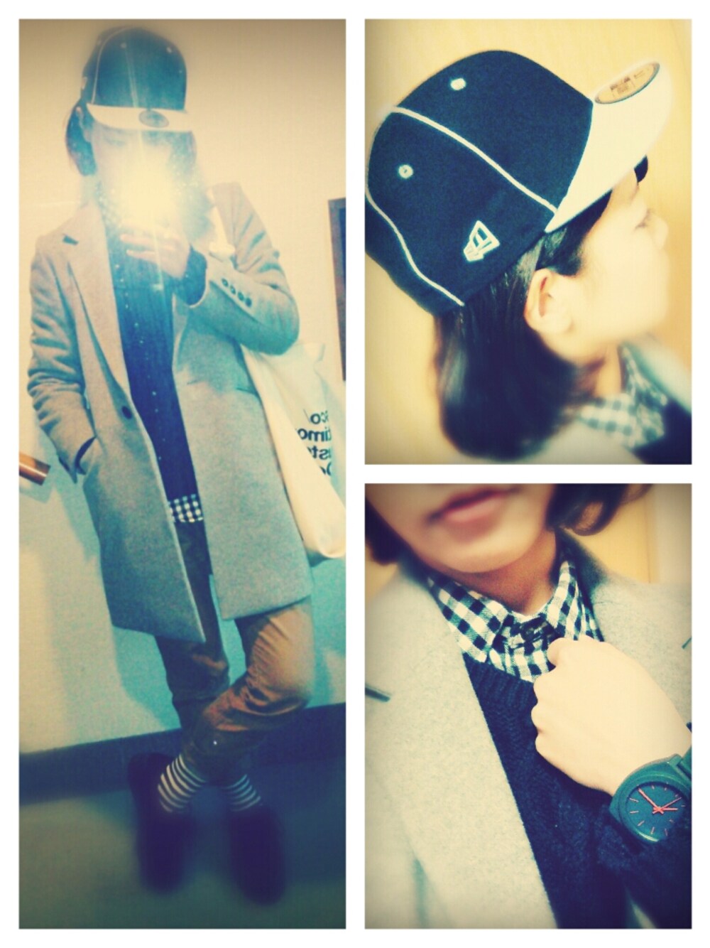 グレー系のその他アウター、ブラック系のスニーカー、ブラック系のキャップを着用したレディースの冬コーディネートの1枚目の写真