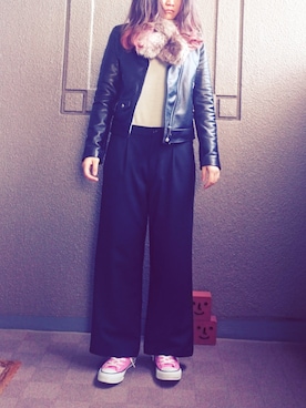 「ハイカット」｜「アイテム（ライダースジャケット）」を使った、캬수（かすみん）さん（レディース・155cm）の冬コーディネート