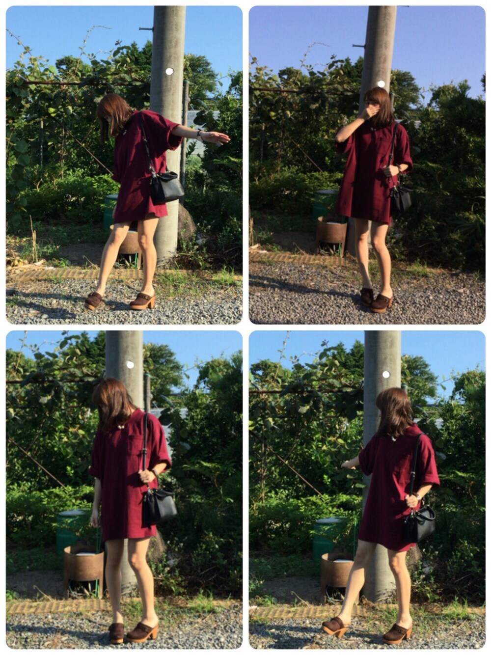 レッド系のTシャツ/カットソー、ブラウン系のサンダル、ブラック系のショルダーバッグを着用したレディースの夏コーディネートの1枚目の写真