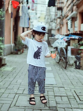 「no brand（ノーブランド）のアイテム（チノパンツ）」を使った、uciiiさん（キッズ・100cm）の夏コーディネート