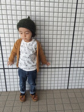 「アニマル」｜「アイテム（モカシン/デッキシューズ）」を使った、yuuuiさん（キッズ・100cm）の秋コーディネート