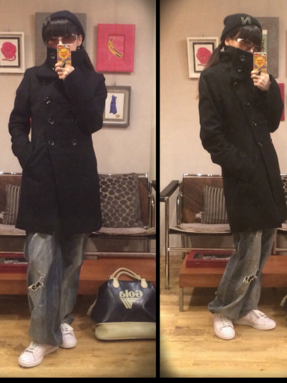 ブルー系のデニムパンツ、ホワイト系のスニーカー、ブラック系のTシャツ/カットソーを着用したレディースの冬コーディネートの1枚目の写真