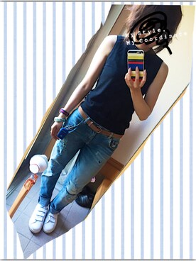 「ZARA（ザラ）のアイテム（ニット/セーター、ブラック系）」を使った、Aya.さん（レディース・158cm）の夏コーディネート