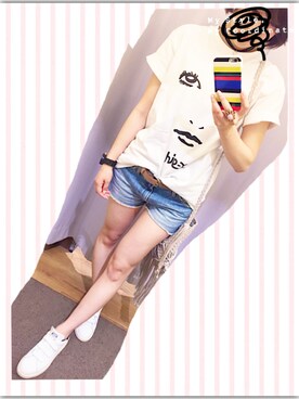 「X-girl（エックスガール）のVINTAGE STYLE SHORTS（デニムパンツ、ブルー系）」を使った、Aya.さん（レディース・158cm）の夏コーディネート