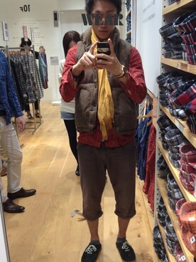 「アイテム（ダウンベスト、ブラウン系）」を使った、coupeさん（メンズ・178cm）の冬コーディネート