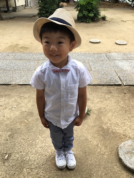 「H&M（エイチ・アンド・エム）のアイテム（シャツ/ブラウス、ホワイト系）」を使った、◡̈⃝Kanatan◡̈⃝さん（キッズ・100cm）の夏コーディネート