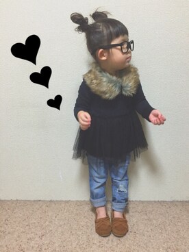 「MIKI HOUSE（ミキハウス）のアイテム（モカシン/デッキシューズ）」を使った、coco♩¨̮⑅*さん（キッズ・90cm）の冬コーディネート