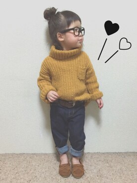 「MIKI HOUSE（ミキハウス）のアイテム（モカシン/デッキシューズ）」を使った、coco♩¨̮⑅*さん（キッズ・90cm）の冬コーディネート