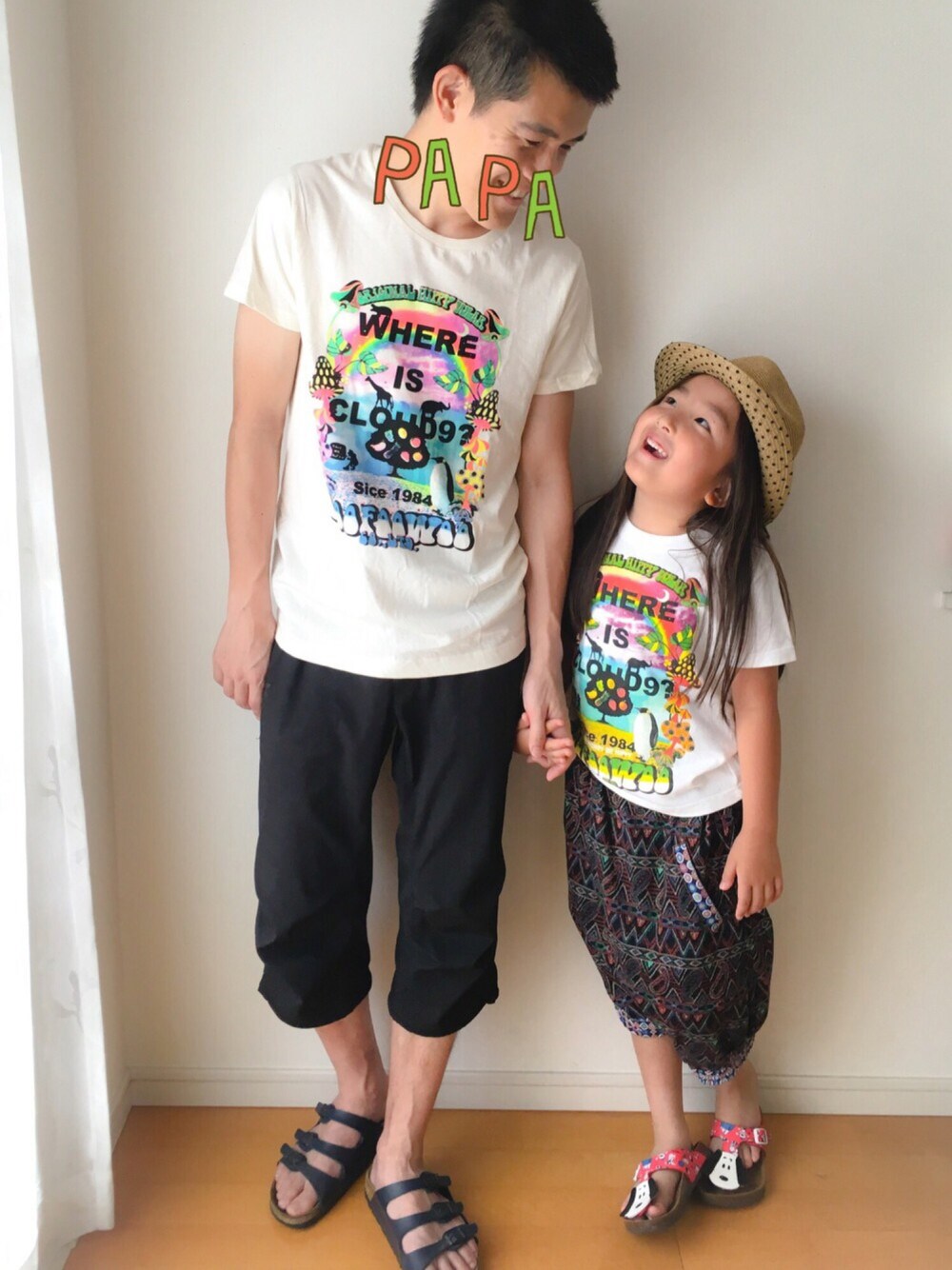 「ブーフーウーWEARコンテスト、シルクスクリーン、ワークショップ、親子でおそろい、ハット」｜「BOOFOOWOOのCloud9 半袖Tee（Tシャツ/カットソー、ホワイト系）」を使った、koharuさん（キッズ・110cm）の夏コーディネートの1枚目の写真