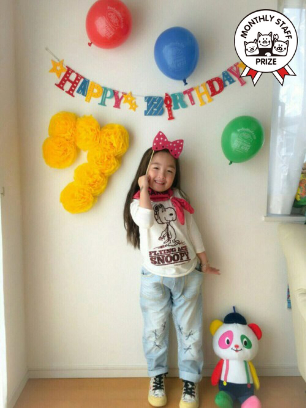 「ブーフーウーWEARコンテスト、スヌーピー、サルエルパンツ、誕生日、7歳、おんなのこ、バンダナ、ハイカットスニーカー」｜「BOOFOOWOOのパイロットスヌーピー七分丈Tee Kids（Tシャツ/カットソー、ホワイト系）」を使った、koharuさん（キッズ・110cm）の春コーディネートの1枚目の写真