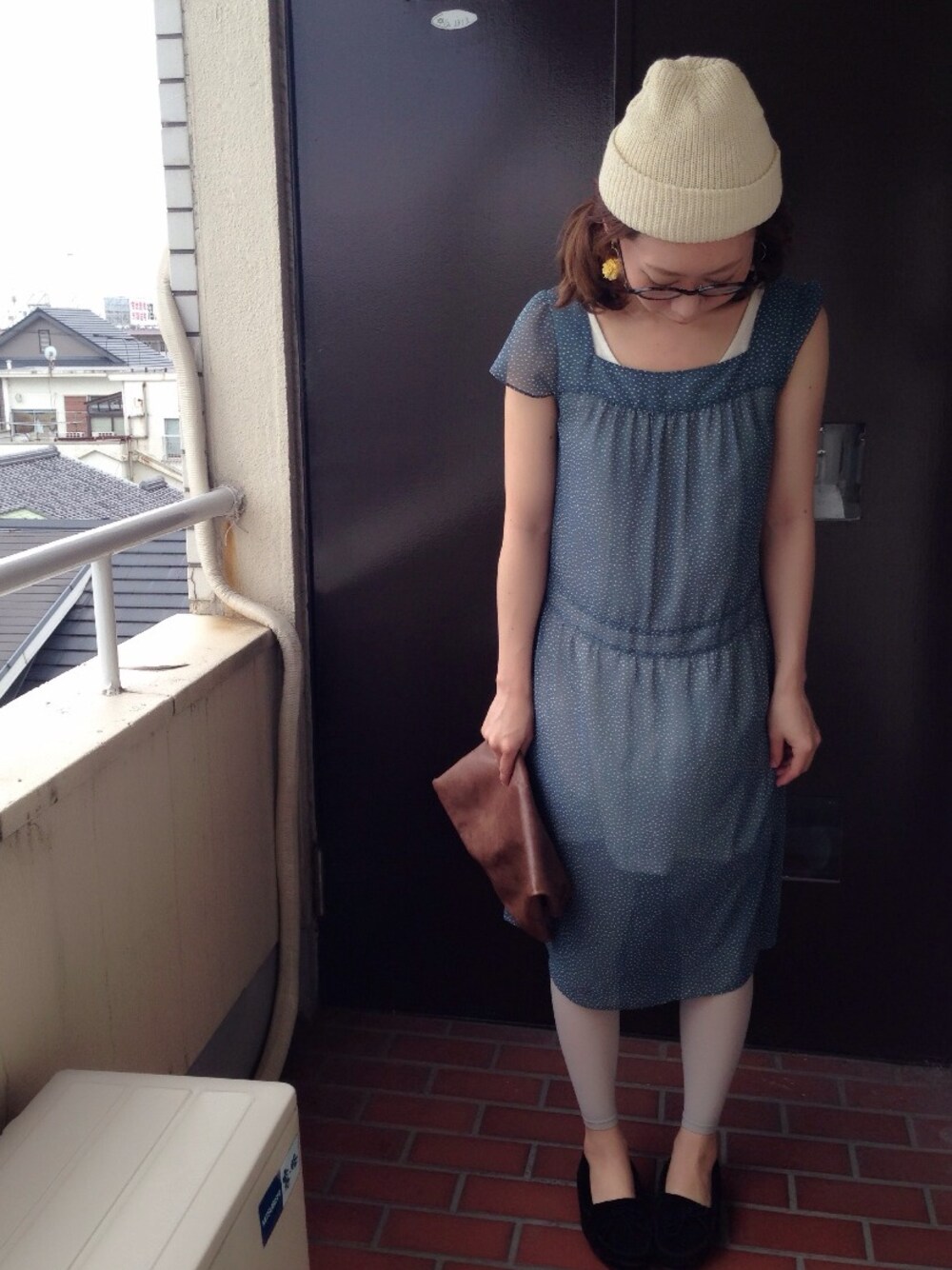 「ワンピース、レザー、クラッチバッグ、ドット、ハンドメイド、古着MIX、シースルー」｜「Handmadeのアイテム（エコバッグ/サブバッグ、ブラウン系）」を使った、くにやんさん（レディース・162cm）の夏コーディネートの1枚目の写真
