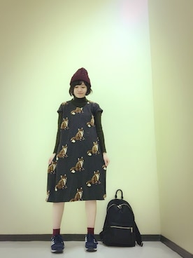 「DOLLUPOOPS（ドールアップウップス）の<doll up oops> [ZOZOTOWN限定ベージュ色]　バック切替え　フロントタック　Vあきワンピース　<オリジナルジャガード>（ワンピース、グレー系）」を使った、Risanyun:さん（レディース・152cm）の秋コーディネート