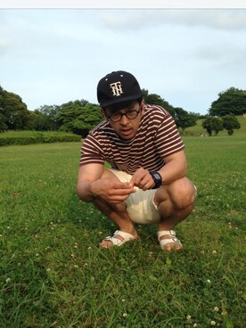 「Armor lux（アルモーリュックス）のアイテム（Tシャツ/カットソー、ブラウン系）」を使った、abjyaruさん（メンズ・174cm）の夏コーディネート