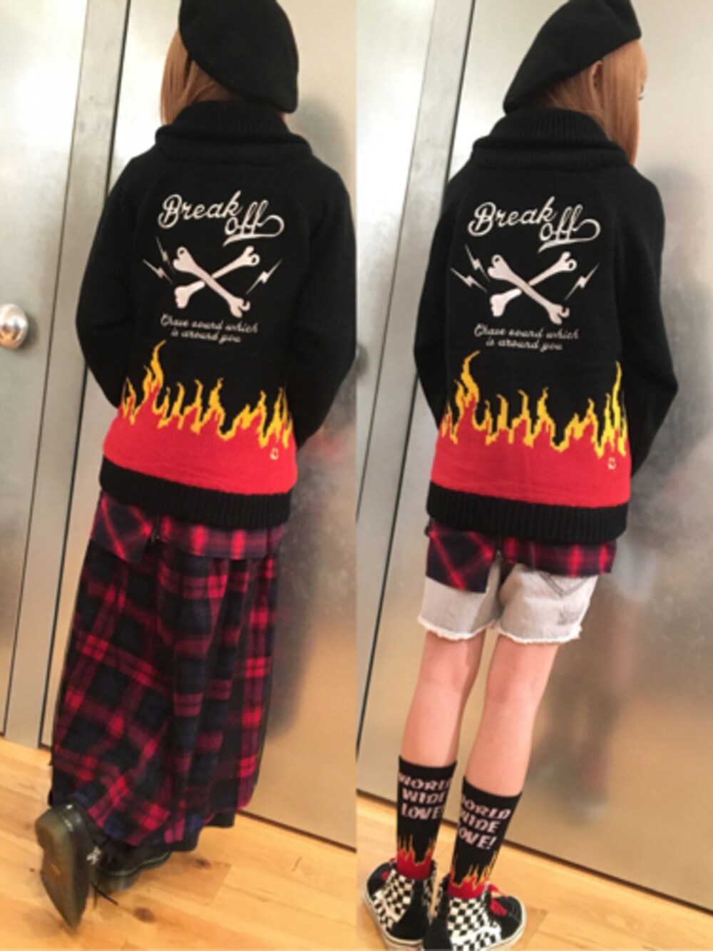 「 チェック柄、レースアップブーツ、ダメージデニムパンツ、WORLD WIDE LOVE、フレイム柄、ファイヤー、ワールドワイドラブ、ファイヤーパターン、わーらぶ、 ワーラブ」｜「WORLD WIDE LOVE!のファイヤーパターンニットブルゾン（ブルゾン、ブラック系）」を使った、FURUSHOさん（レディース・165cm）の秋コーディネートの1枚目の写真